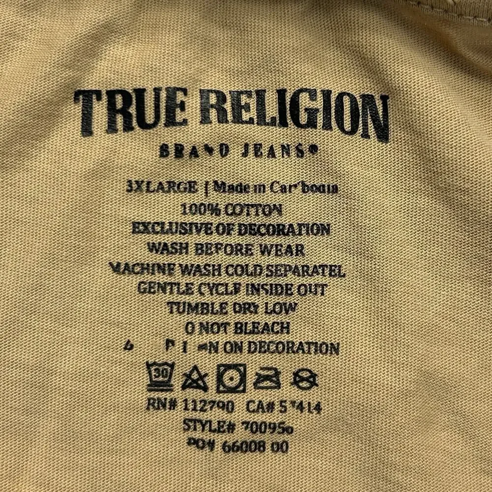 True Religion Relaxed Fit Graphic Print T-Shirt Men's 3XL Short Sleeve Beige Tee